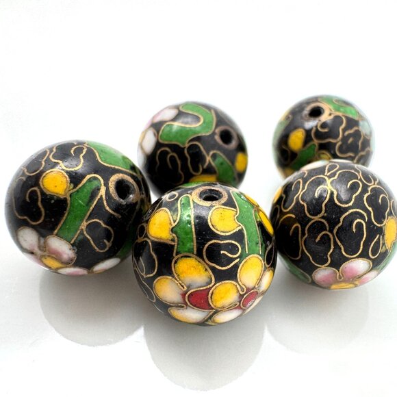 Cloisonne 5 Black Beads 14 MM Yellow Pink Green Flowers Cloisonne Beads 14 MM - Picture 1 of 8